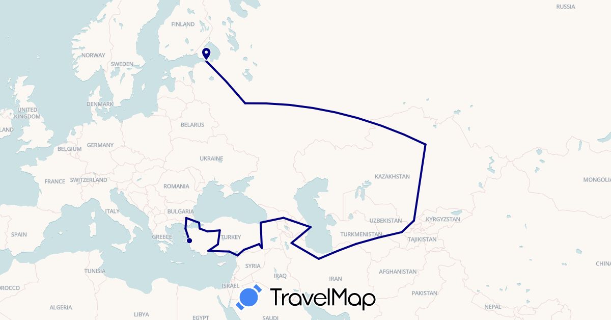 TravelMap itinerary: driving in Azerbaijan, Georgia, Iran, Kazakhstan, Russia, Turkmenistan, Turkey, Uzbekistan (Asia, Europe)
